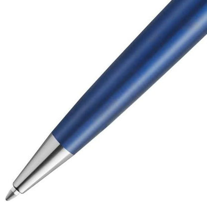 Wateman Expert Deluxe Metallic Blue ballpoint pen with brass body and stainless steel cap shown from side view