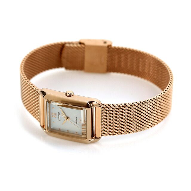 Citizen Ladies EW5593-64D El Square wristwatch with white shell dial and pink gold stainless steel mesh band