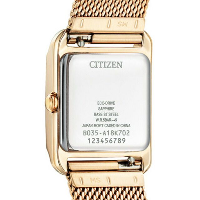 Citizen Ladies EW5593-64D El Square wristwatch with white shell dial and pink gold stainless steel mesh band
