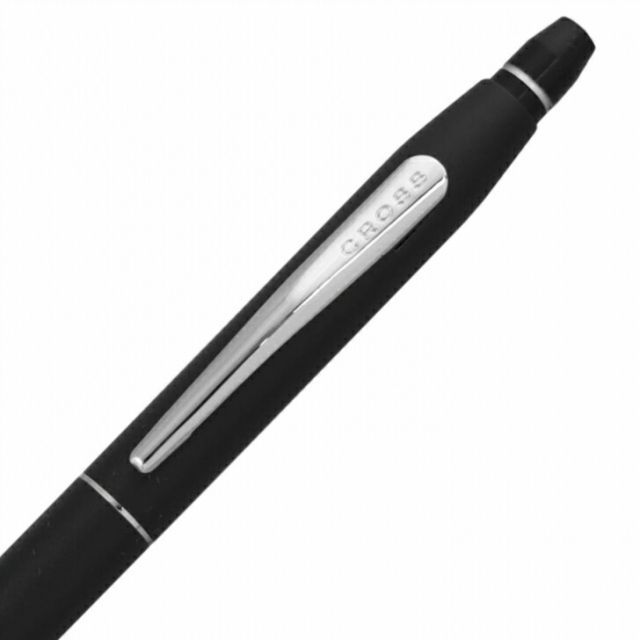 Cross Click AT0622-102 satin black ballpoint pen with brass body, stainless steel clip, shown with box