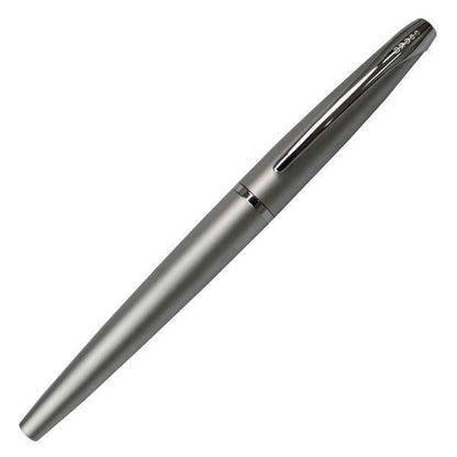 Cross ATX Matte Chrome fountain pen with fine nib, closed and open length shown, sleek silver finish