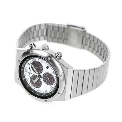 Citizen Record Label Watch Men AT2541-54A with white dial, silver stainless steel band, and chronograph