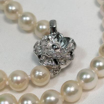 Akoya pearl long necklace with silver flower pendant, white pearls 6.5 to 7 mm, 82 cm length