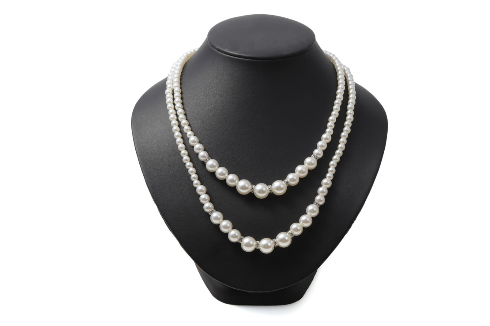 LunArts 2-row pearl necklace paired with matching pearl stud earrings on a white background
