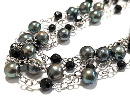 Akoya pearl blue black and onyx station long necklace with 7-7.5mm pearls, 120cm length, brass crab hook clasp