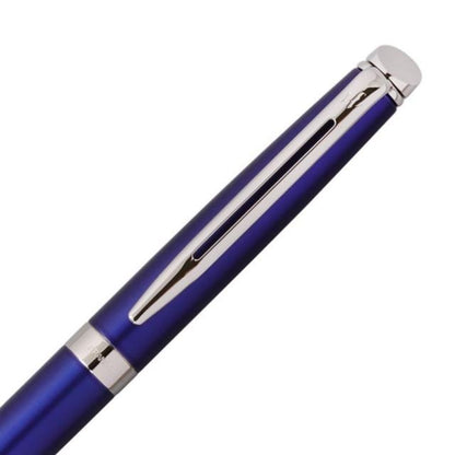 WATERMAN Metropolitan Essential Blue Ballpoint Pen with chrome trim, 135mm length, shown on white background