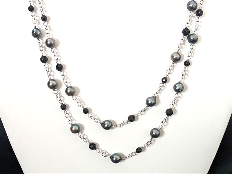 Akoya pearl blue black and onyx station long necklace with 7-7.5mm pearls, 120cm length, brass crab hook clasp