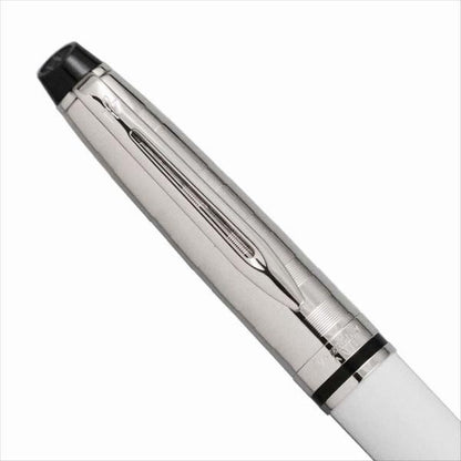 WATERMAN Expert DX White CT Fountain Pen with fine nib and silver trim, 153mm length, shown uncapped